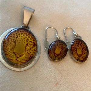 Hand Carved Sterling Amber Jaguar Pendant and Earrings
